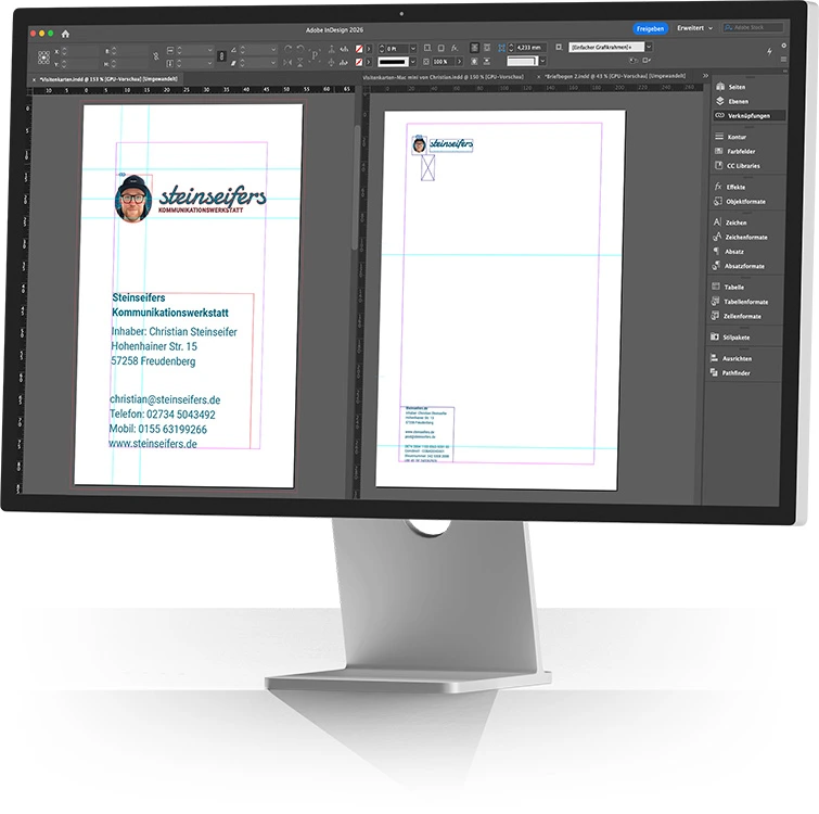 Professioneller Satz und Layout einer Visitenkarte in Adobe InDesign, ein Beispiel für Design-Dienstleistungen.