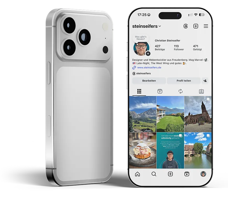 Modernes silbernes iPhone 17 Pro mit Vorder- und Rückseite, auf dem Display ist das Instagram-Profil „steinseifers“ aus Freudenberg im Siegerland zu sehen. Das Bild steht für professionelle Social-Media-Betreuung, Content-Erstellung und Online-Kommunikation der Steinseifers Kommunikationswerkstatt in Südwestfalen. Symbolfoto für die digitale Präsenz regionaler Unternehmen aus Freudenberg, dem Siegerland und ganz Südwestfalen in sozialen Netzwerken wie Instagram und Facebook.