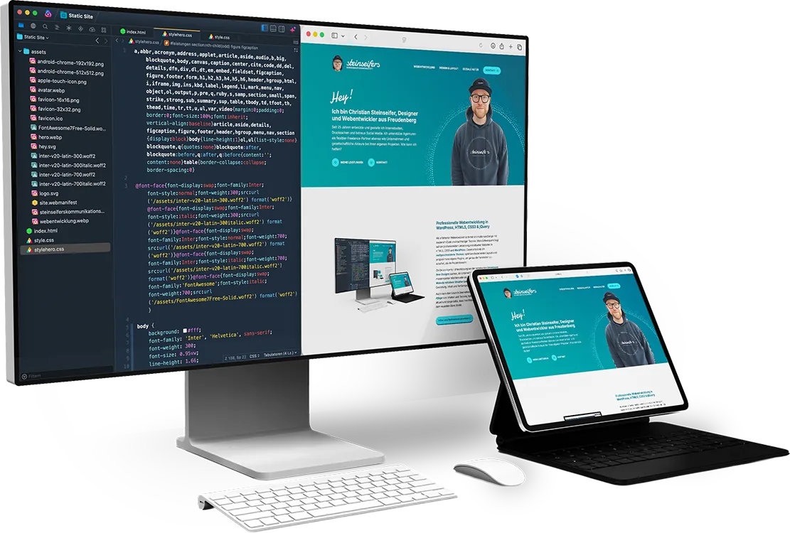 Darstellung einer modernen, responsiven Website von steinseifers.de auf verschiedenen Geräten – Desktop, Laptop, Tablet und Smartphone – mit Einblick in den Code-Editor für HTML, CSS und WordPress. Das Bild zeigt das professionelle Webdesign und Entwicklung individueller WordPress-Websites durch Christian Steinseifer aus Freudenberg, spezialisiert auf Webdesign, Theme-Entwicklung und technische Pflege von Internetauftritten.